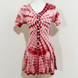 We the Free People Red Pink Tie Dye Mini Dress Metal Studs Raw Hem Size S